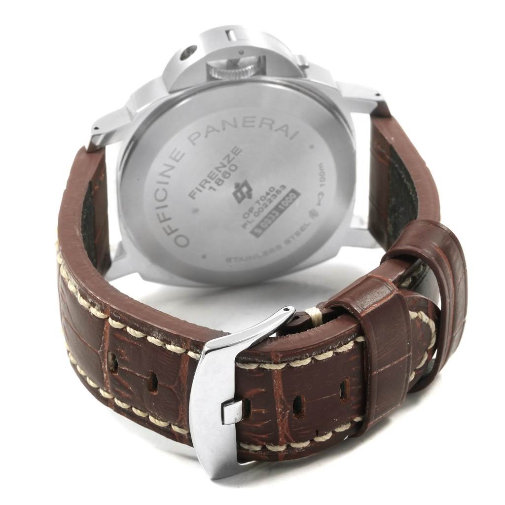 The image shows the back of a Panerai Luminor PAM00632 Men's Stainless Steel Brown Dial PAM00632 Men's Stainless Steel Brown Dial watch, featuring the case back, crown guard, and leather strap with a buckle.