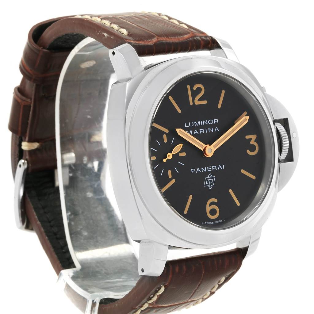 The image shows a Panerai Luminor PAM00632 Men's Stainless Steel Brown Dial PAM00632 Men's Stainless Steel Brown Dial Marina watch from a 3/4 angle, highlighting the dial, hands, crown guard, and leather strap.
