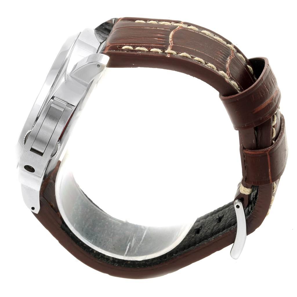The image shows a side view of the Panerai Luminor PAM00632 Men's Stainless Steel Brown Dial PAM00632 Men's Stainless Steel Brown Dial watch, highlighting the brown leather strap and part of the stainless steel case.