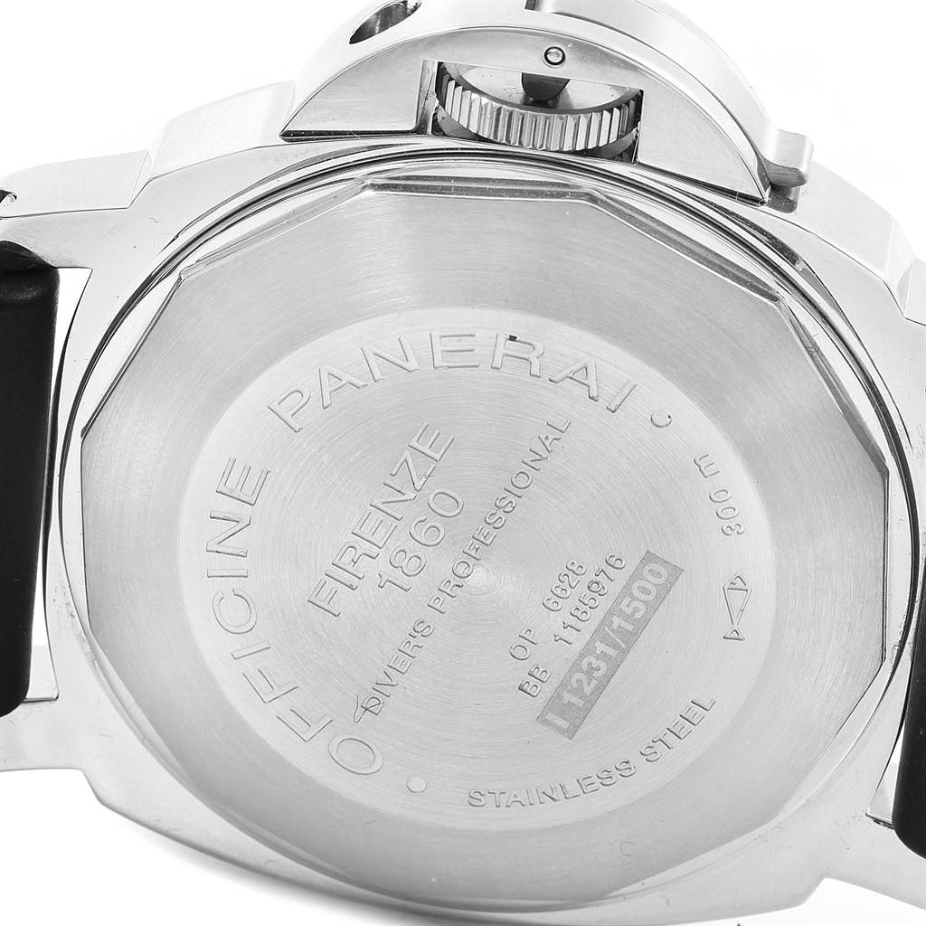 The image shows the back casing and crown guard of a Panerai Submersible PAM00024 Men's Titanium Black Dial PAM00024 Men's Titanium Black Dial watch, highlighting the engravings and serial numbers.