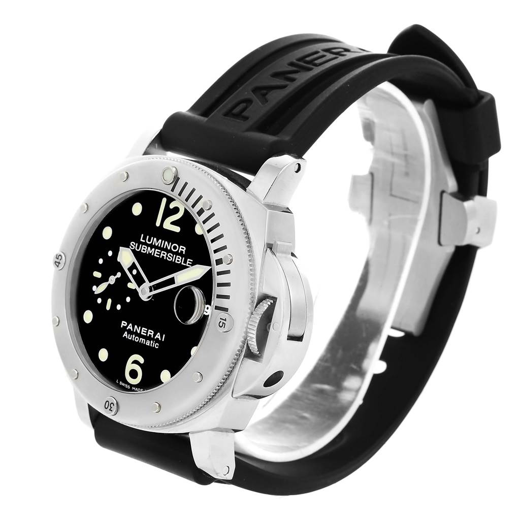 This image shows a Panerai Luminor Submersible watch from an angled side view, highlighting the dial, bezel, and rubber strap.