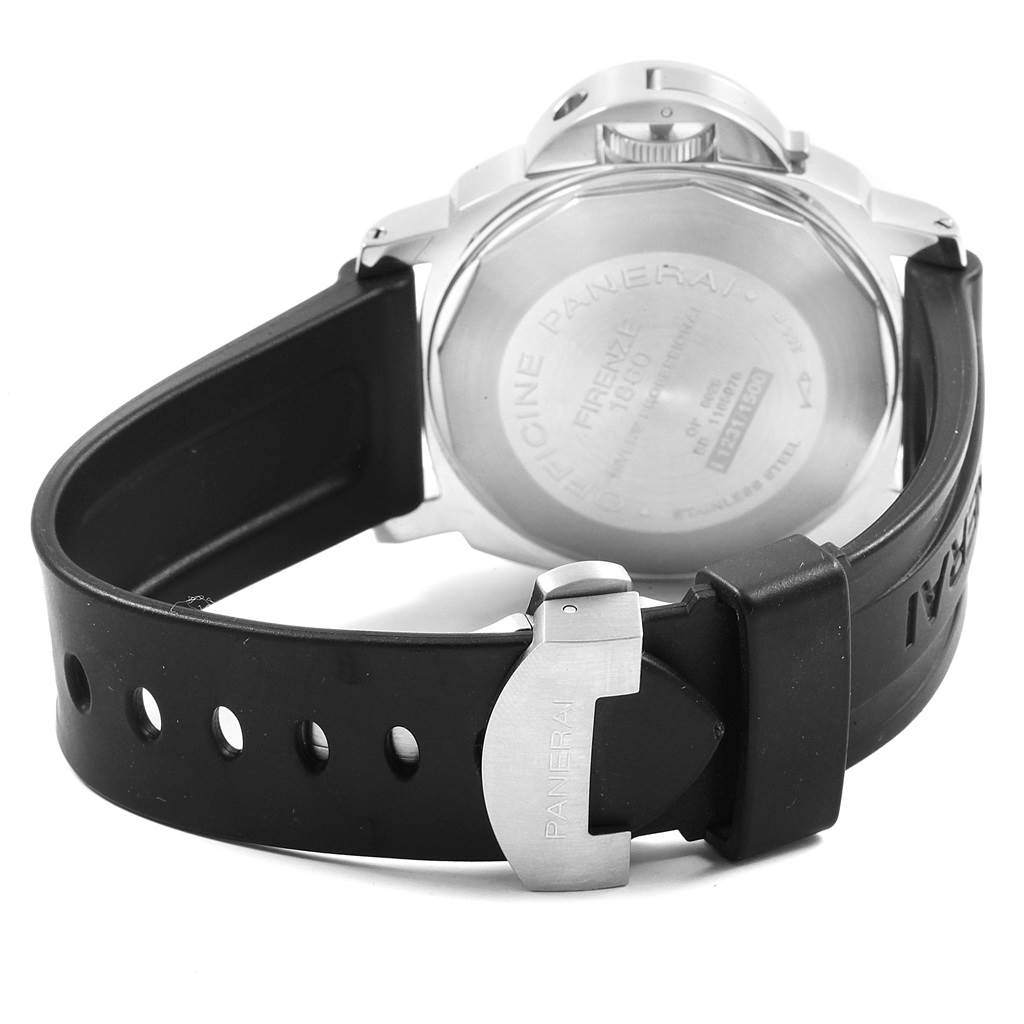 This image shows the back view of a Panerai Submersible PAM00024 Men's Titanium Black Dial PAM00024 Men's Titanium Black Dial watch, highlighting the case back and black rubber strap with a Panerai buckle.