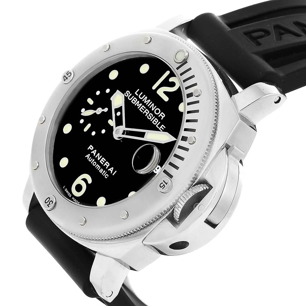 This image shows a Panerai Submersible PAM00024 Men's Titanium Black Dial PAM00024 Men's Titanium Black Dial watch from an angled side and front view, highlighting the dial, bezel, and strap.