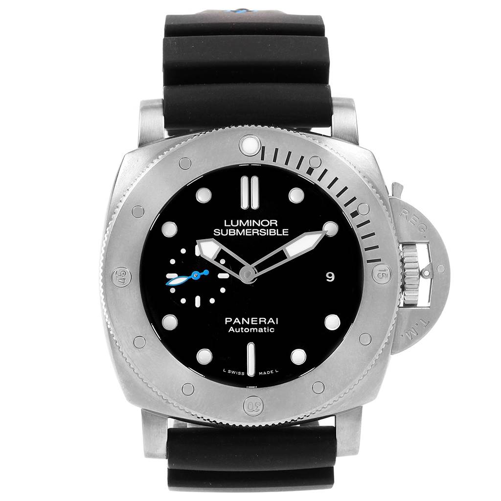 The image shows a front view of the Panerai Submersible PAM01305 Men's Titanium Black Dial PAM01305 Men's Titanium Black Dial watch, highlighting the dial, bezel, hands, and rubber strap.
