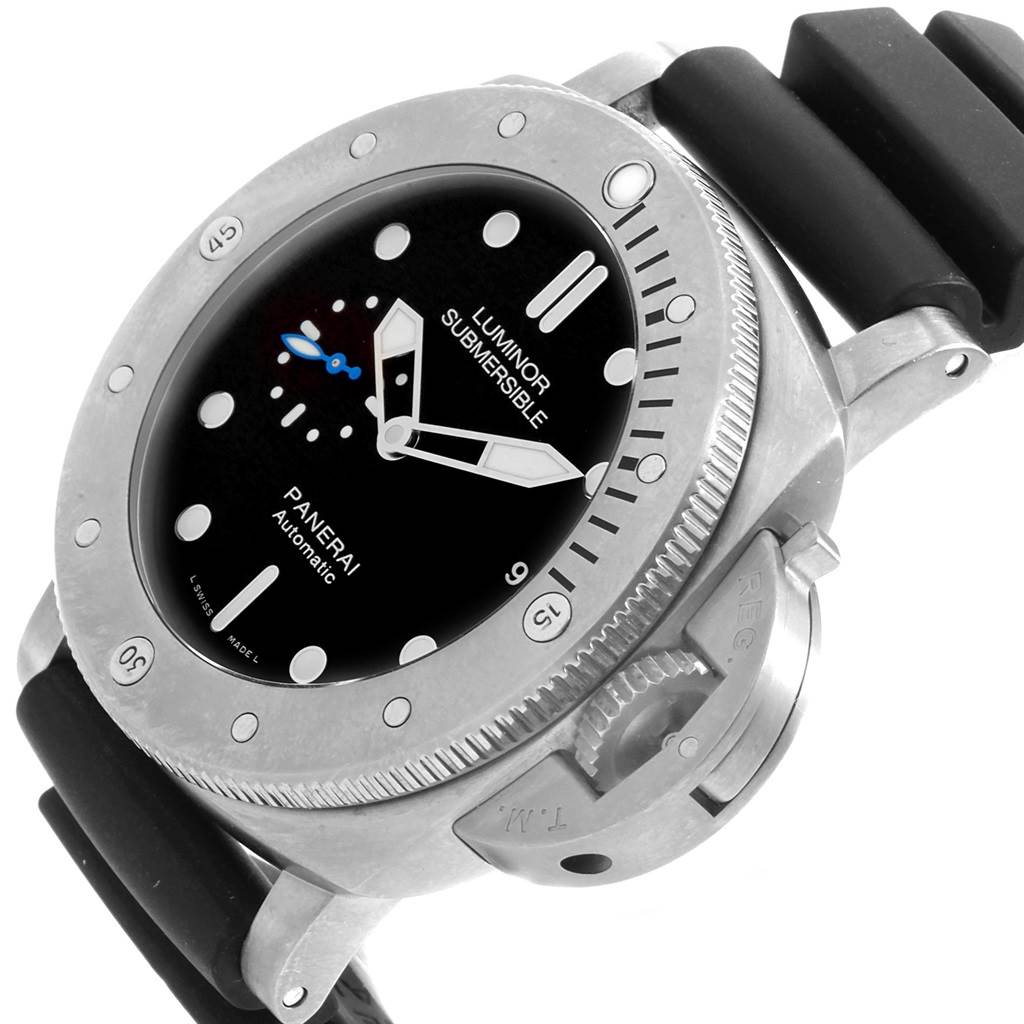 This image shows an angled view of a Panerai Submersible PAM01305 Men's Titanium Black Dial PAM01305 Men's Titanium Black Dial watch, displaying its bezel, dial, crown, and strap.