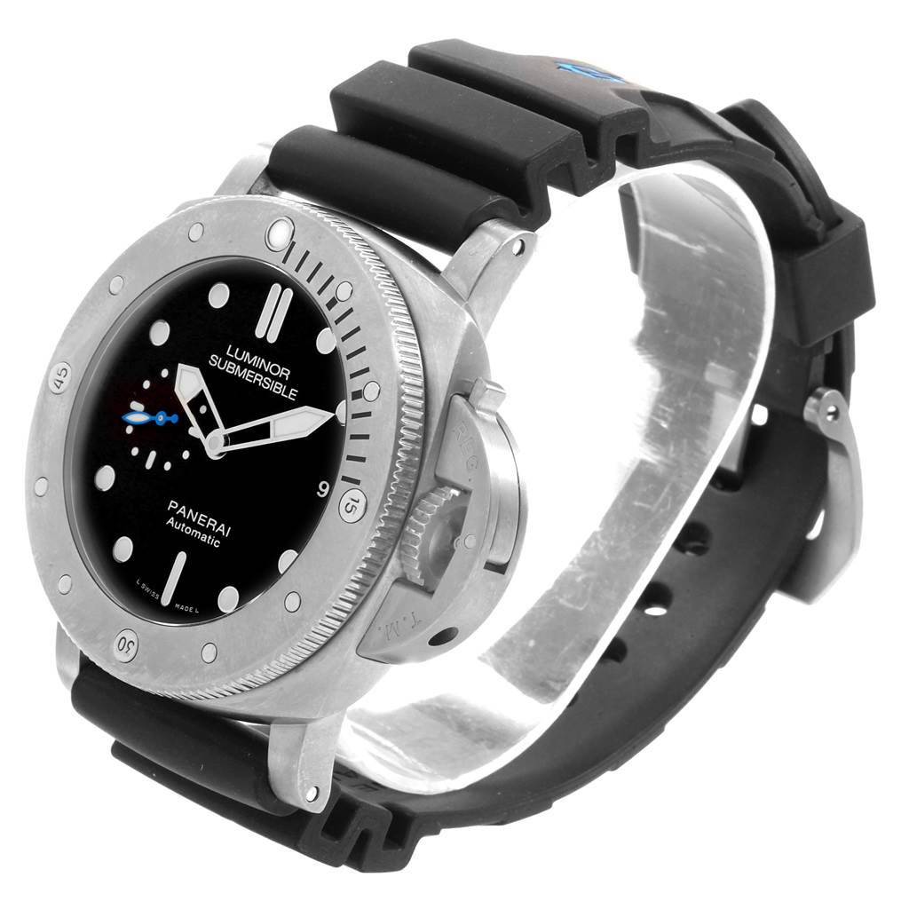 The image shows a Panerai Luminor Submersible watch from an angled side view, displaying the face, bezel, case, and strap.