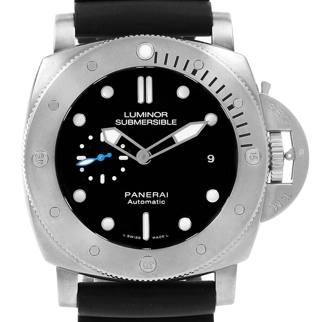 The image shows a front view of the Panerai Submersible PAM01305 Men's Titanium Black Dial PAM01305 Men's Titanium Black Dial model, highlighting the watch face, bezel, and crown guard.