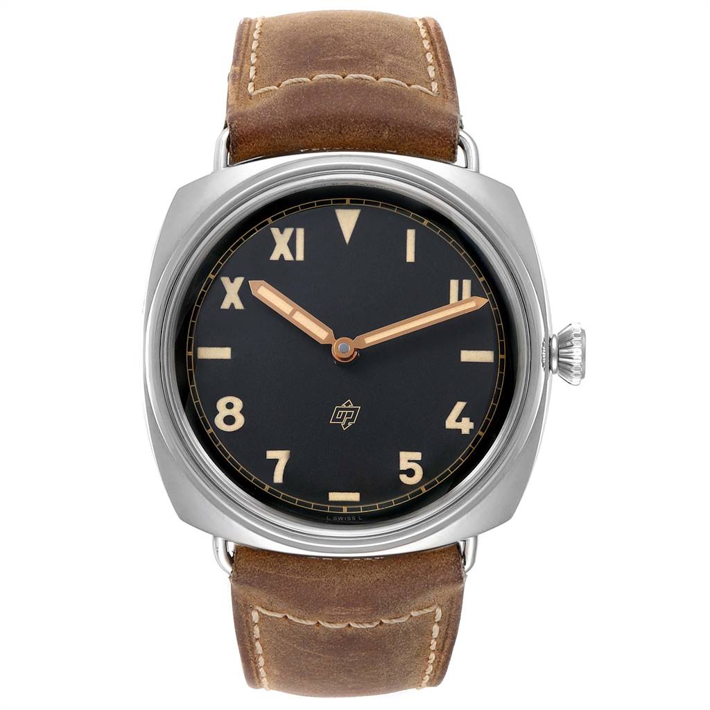 The image shows a front view of the Panerai Radiomir PAM00425 Men's Stainless Steel Black Dial PAM00425 Men's Stainless Steel Black Dial watch, displaying its face, crown, and brown leather strap.