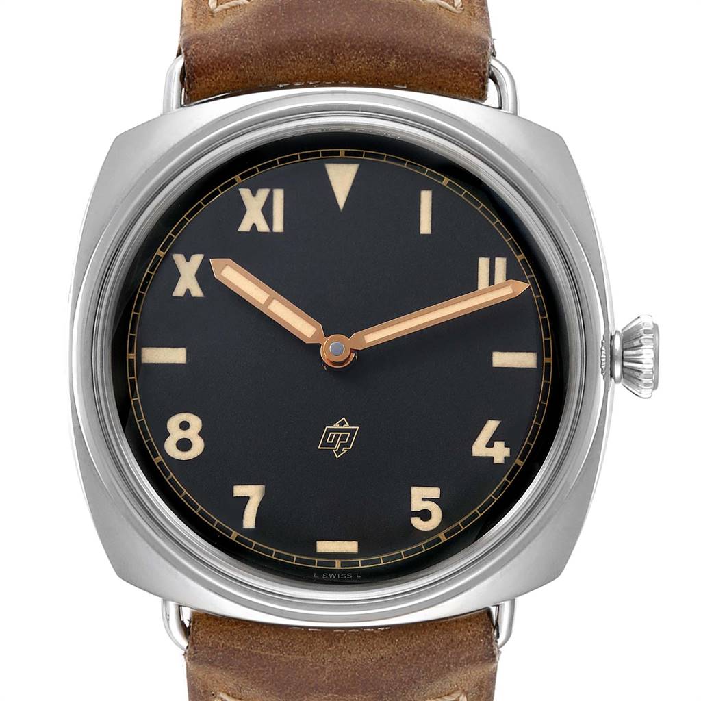 The image shows a front view of a Panerai Radiomir PAM00425 Men's Stainless Steel Black Dial PAM00425 Men's Stainless Steel Black Dial watch, highlighting its dial, hands, and crown.