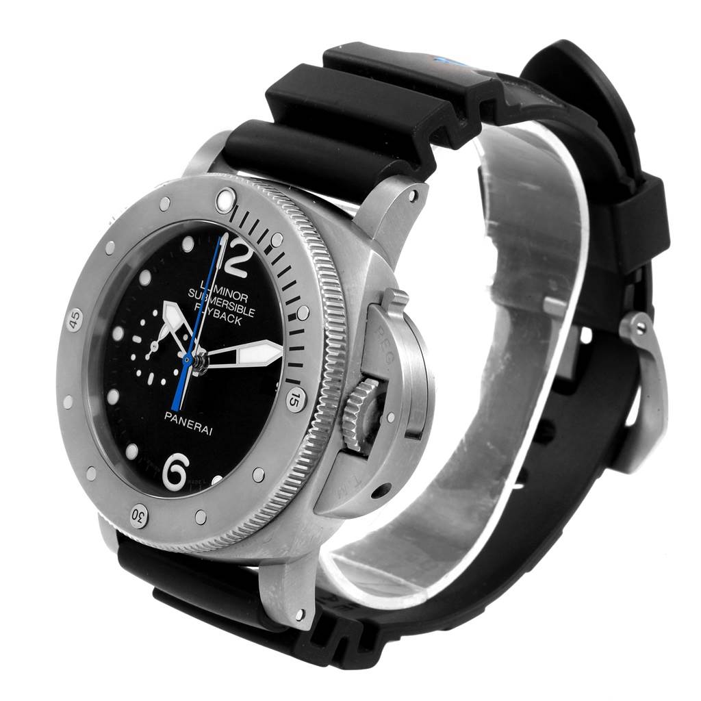 This image shows a Panerai Submersible PAM00614 Men's Titanium Black Dial PAM00614 Men's Titanium Black Dial watch at a 3/4 angle, highlighting the bezel, crown guard, and rubber strap.