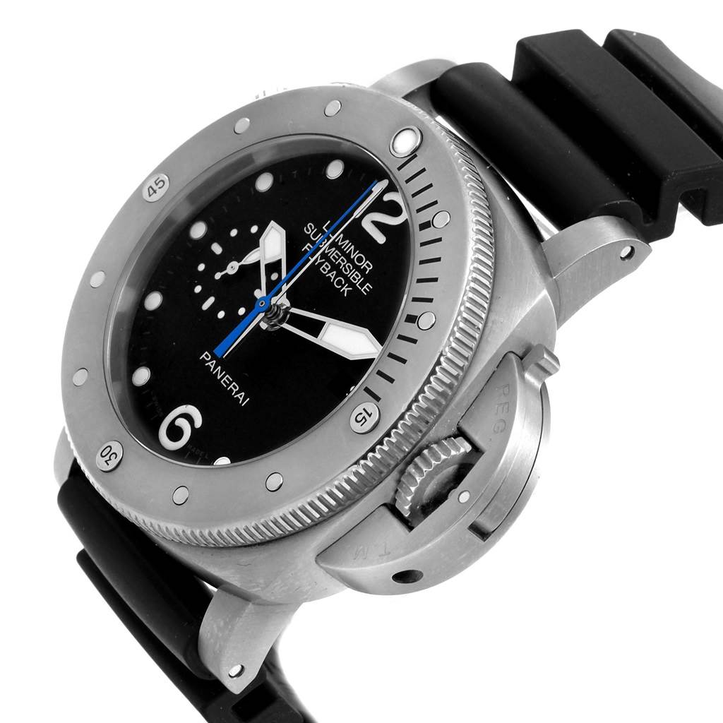 The image shows a side-angle view of a Panerai Submersible PAM00614 Men's Titanium Black Dial PAM00614 Men's Titanium Black Dial watch, highlighting its bezel, dial, and strap.