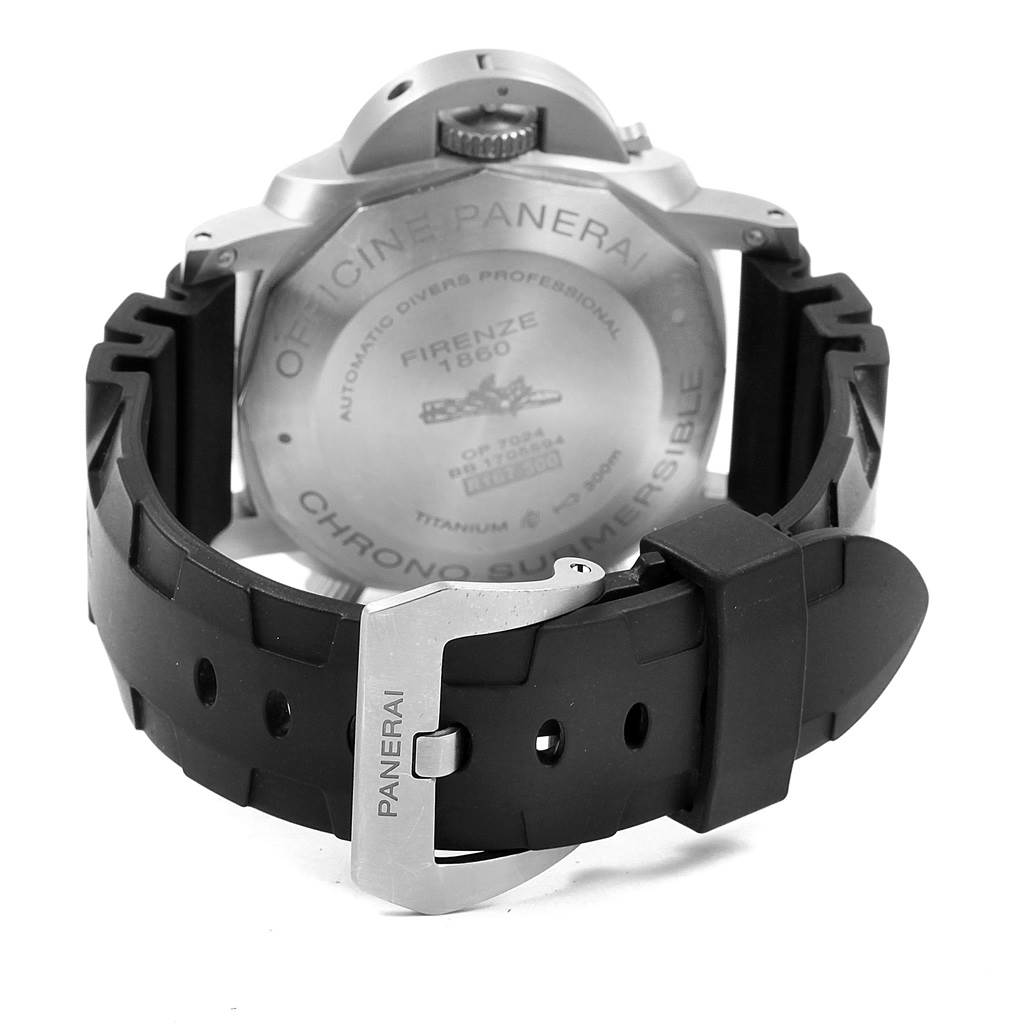 This image shows the rear view of a Panerai Submersible PAM00614 Men's Titanium Black Dial PAM00614 Men's Titanium Black Dial watch, highlighting the watch back, strap, and branded clasp.
