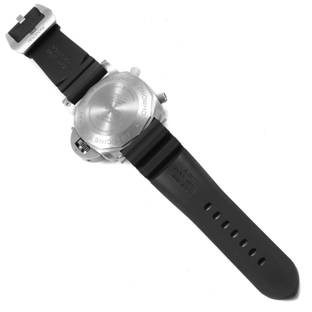 The image shows the back case and straps of a Panerai Submersible PAM00614 Men's Titanium Black Dial PAM00614 Men's Titanium Black Dial watch at an angle revealing the back details.