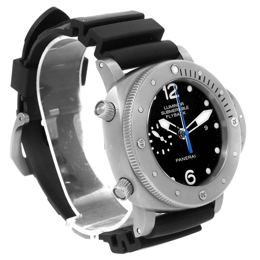 The Panerai Submersible PAM00614 Men's Titanium Black Dial PAM00614 Men's Titanium Black Dial watch is viewed at a three-quarter angle, showing its rubber strap, bezel, and crown.
