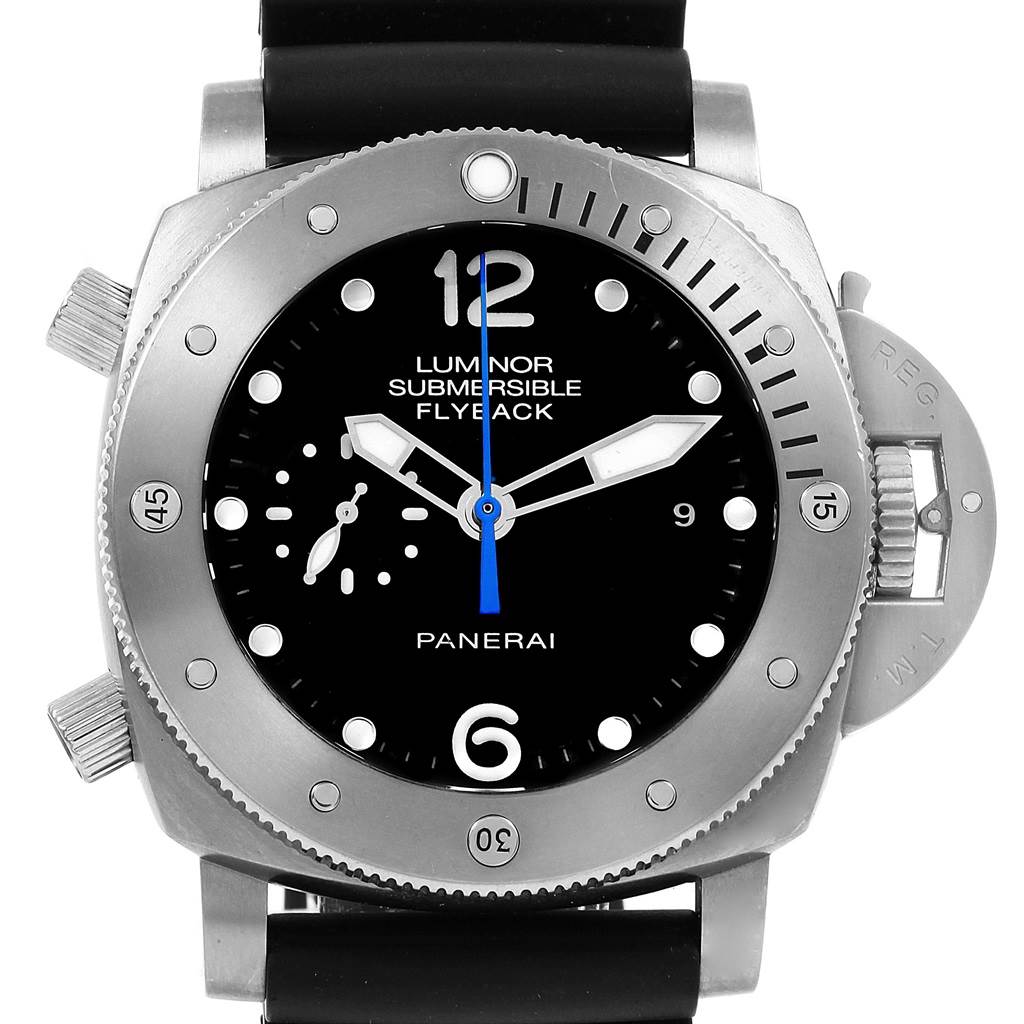 The Panerai Submersible PAM00614 Men's Titanium Black Dial PAM00614 Men's Titanium Black Dial watch is shown from a front angle, highlighting the bezel, dial, and hands.