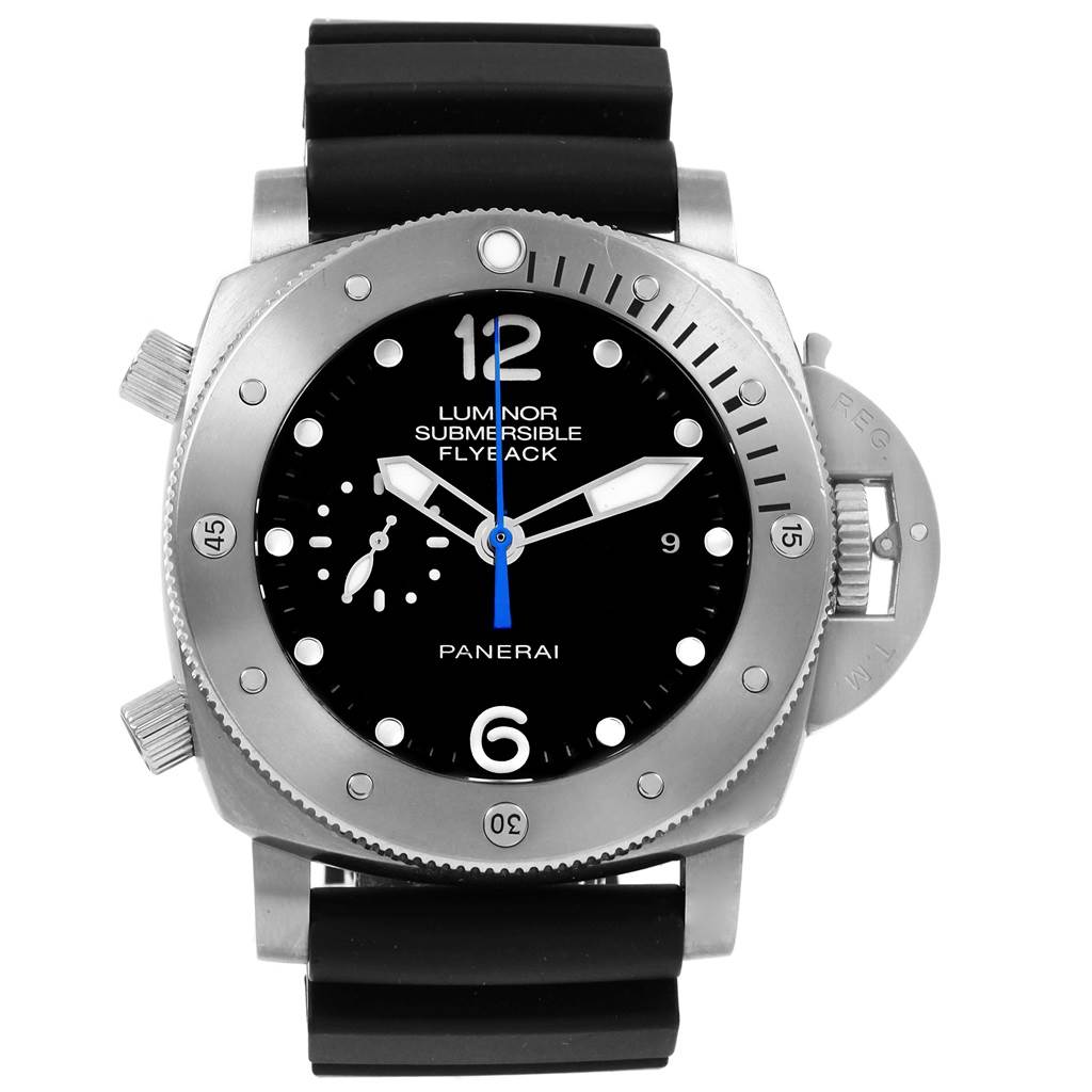 The image shows a front view of a Panerai Submersible PAM00614 Men's Titanium Black Dial PAM00614 Men's Titanium Black Dial watch, displaying the dial, bezel, and black rubber strap.