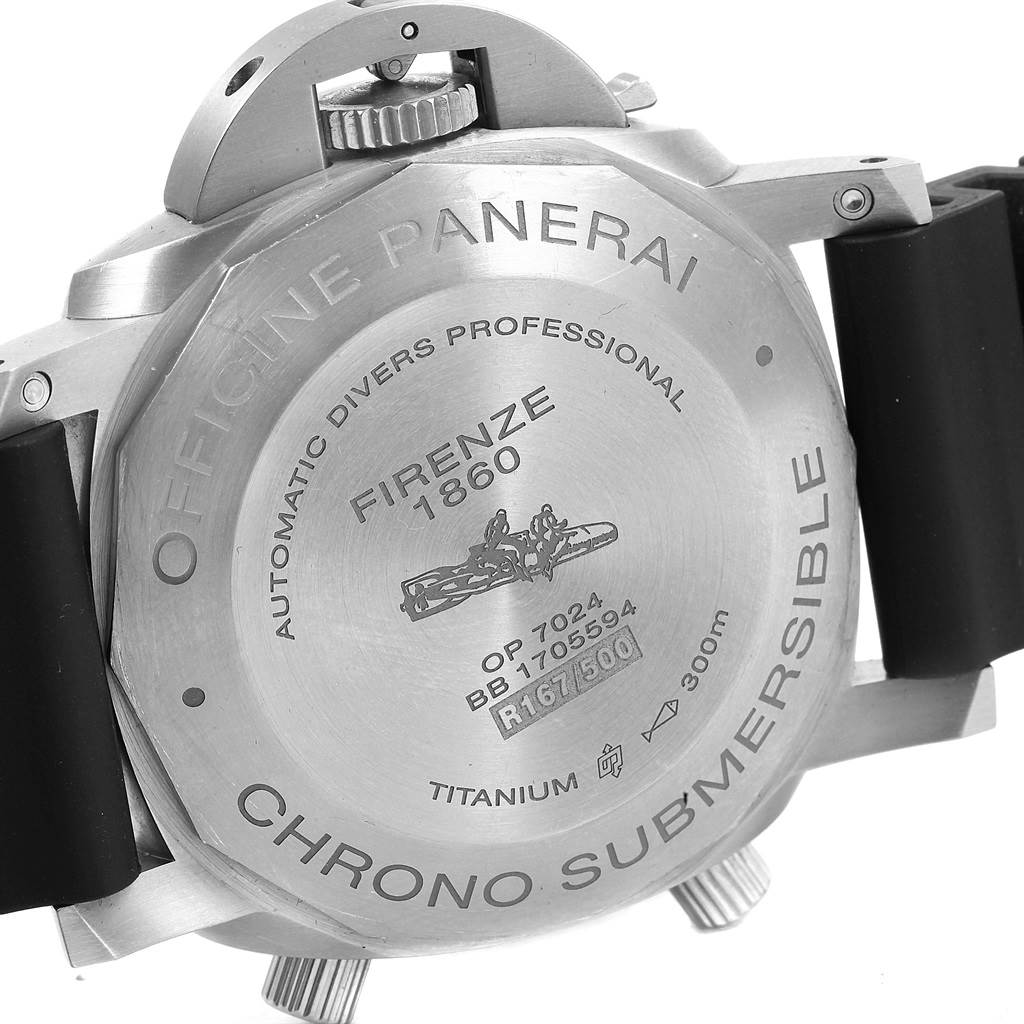 The image shows the back case of a Panerai Submersible PAM00614 Men's Titanium Black Dial PAM00614 Men's Titanium Black Dial watch, highlighting the engravings and the strap attachment points.