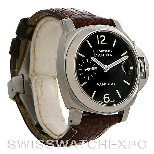 The image shows a Panerai Luminor PAM 48 -- PAM48 -- PAM048 Men
s Stainless Steel Black Dial PAM 48 -- PAM48 -- PAM048 Men
s Stainless Steel Black Dial Marina watch at a three-quarter angle, highlighting the case, dial, and leather strap.