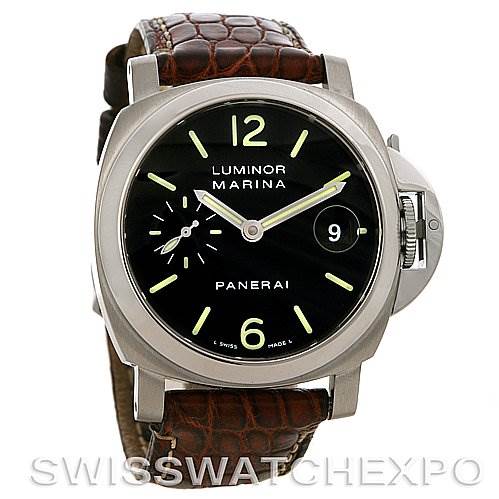 This image shows a front view of a Panerai Luminor PAM 48 -- PAM48 -- PAM048 Men
s Stainless Steel Black Dial PAM 48 -- PAM48 -- PAM048 Men
s Stainless Steel Black Dial Marina watch, highlighting its dial, crown guard, and leather strap.