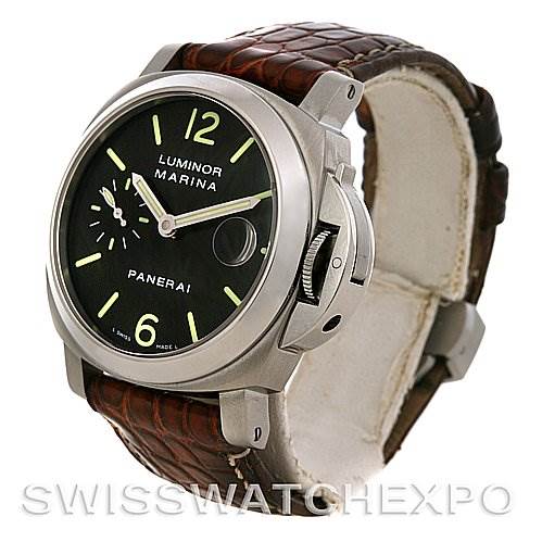 The image shows a Panerai Luminor PAM 48 -- PAM48 -- PAM048 Men
s Stainless Steel Black Dial PAM 48 -- PAM48 -- PAM048 Men
s Stainless Steel Black Dial watch at an angled view, highlighting the dial, crown guard, and brown leather strap.