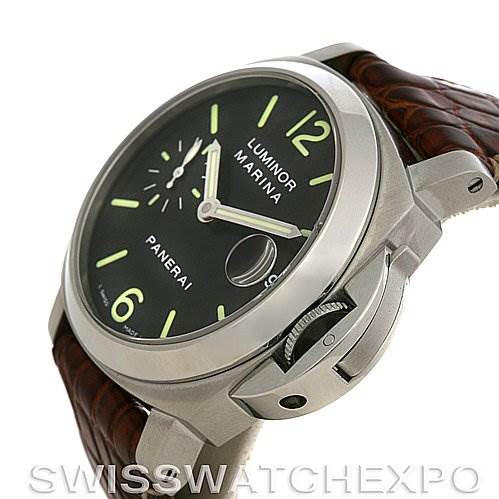 The image shows a Panerai Luminor PAM 48 -- PAM48 -- PAM048 Men
s Stainless Steel Black Dial PAM 48 -- PAM48 -- PAM048 Men
s Stainless Steel Black Dial Marina watch at a slight angle, highlighting its dial, case, and leather strap.