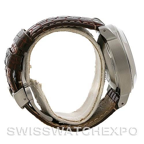 The image shows a side view of a Panerai Luminor PAM 48 -- PAM48 -- PAM048 Men
s Stainless Steel Black Dial PAM 48 -- PAM48 -- PAM048 Men
s Stainless Steel Black Dial watch, highlighting the case, bezel, and brown leather strap.