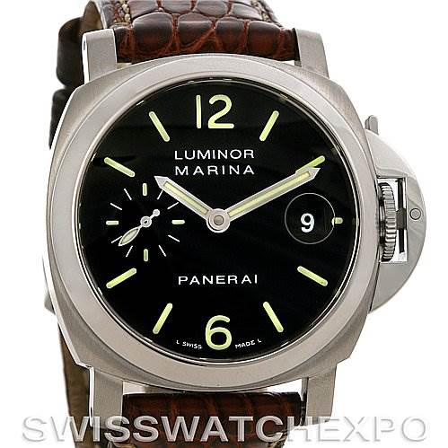 This image shows the front view of a Panerai Luminor PAM 48 -- PAM48 -- PAM048 Men
s Stainless Steel Black Dial PAM 48 -- PAM48 -- PAM048 Men
s Stainless Steel Black Dial Marina watch, displaying its dial, hands, date window, and crown guard.