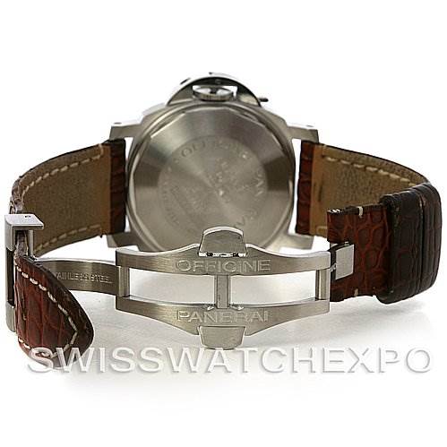 The image shows the back and clasp of a Panerai Luminor PAM 48 -- PAM48 -- PAM048 Men
s Stainless Steel Black Dial PAM 48 -- PAM48 -- PAM048 Men
s Stainless Steel Black Dial watch, including the case back and leather straps.