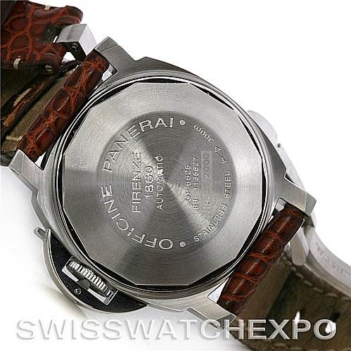 The image shows the back case of a Panerai Luminor PAM 48 -- PAM48 -- PAM048 Men
s Stainless Steel Black Dial PAM 48 -- PAM48 -- PAM048 Men
s Stainless Steel Black Dial watch, displaying the engraving and leather straps.