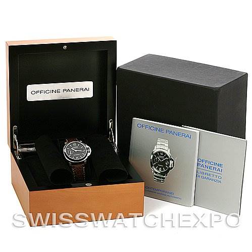 The image shows a Panerai Luminor PAM 48 -- PAM48 -- PAM048 Men
s Stainless Steel Black Dial PAM 48 -- PAM48 -- PAM048 Men
s Stainless Steel Black Dial watch positioned in its open box, along with accompanying booklets and an outer box.