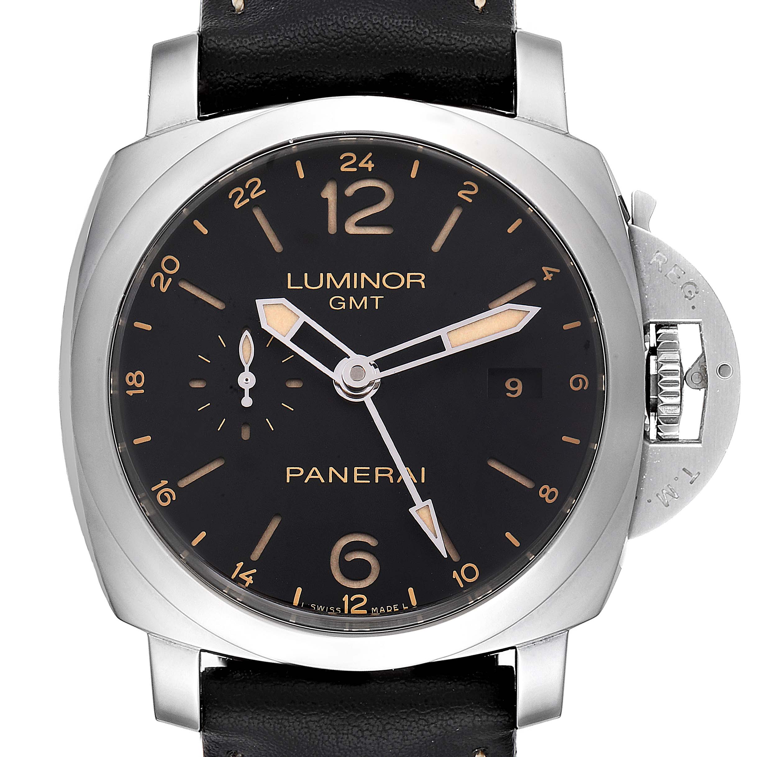 This image shows a front view of the Panerai Luminor PAM00531 Men's Stainless Steel Black Dial PAM00531 Men's Stainless Steel Black Dial GMT watch, displaying the dial, hands, and crown guard.