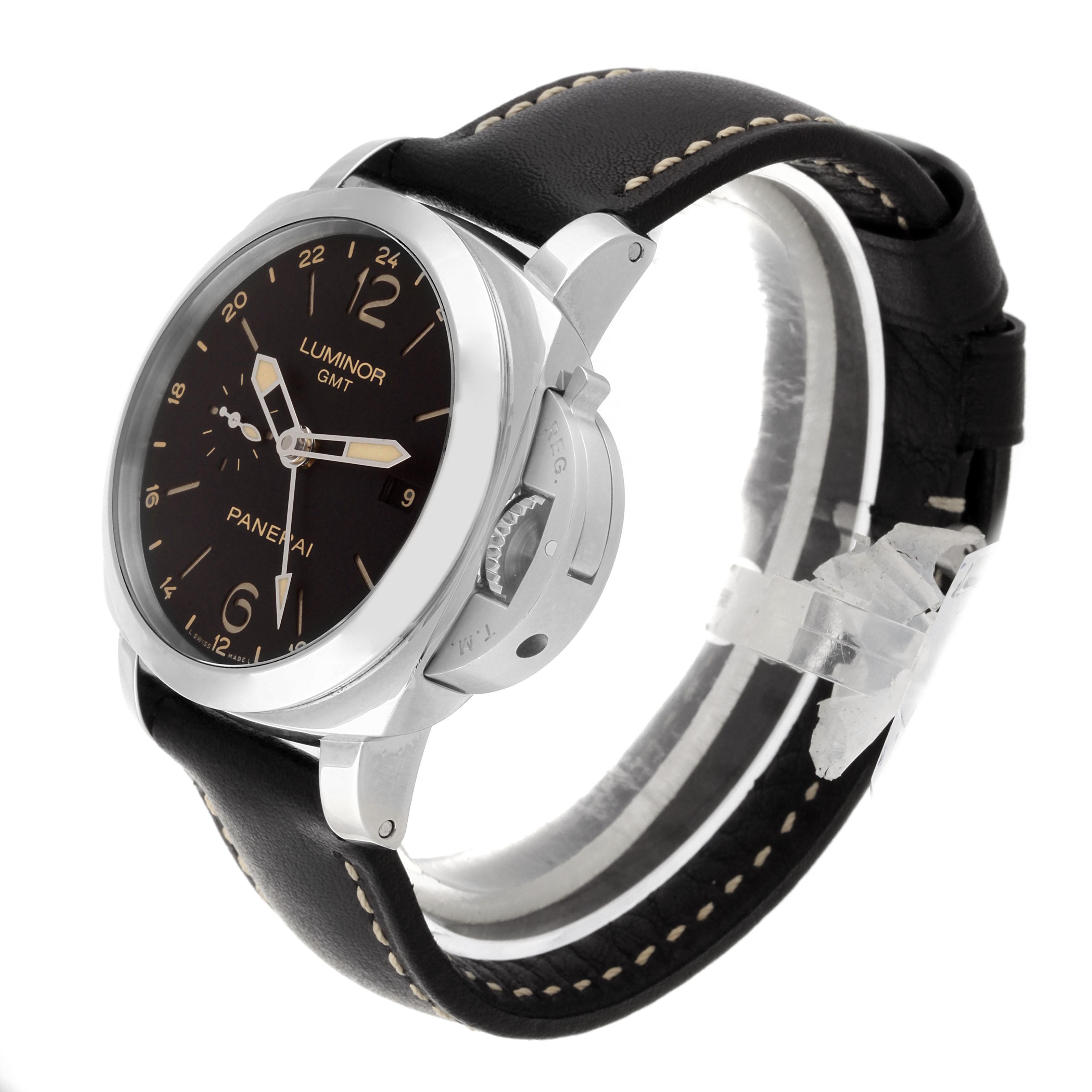 The image shows a side angle of a Panerai Luminor PAM00531 Men's Stainless Steel Black Dial PAM00531 Men's Stainless Steel Black Dial GMT watch, displaying the watch face, crown guard, and black leather strap.