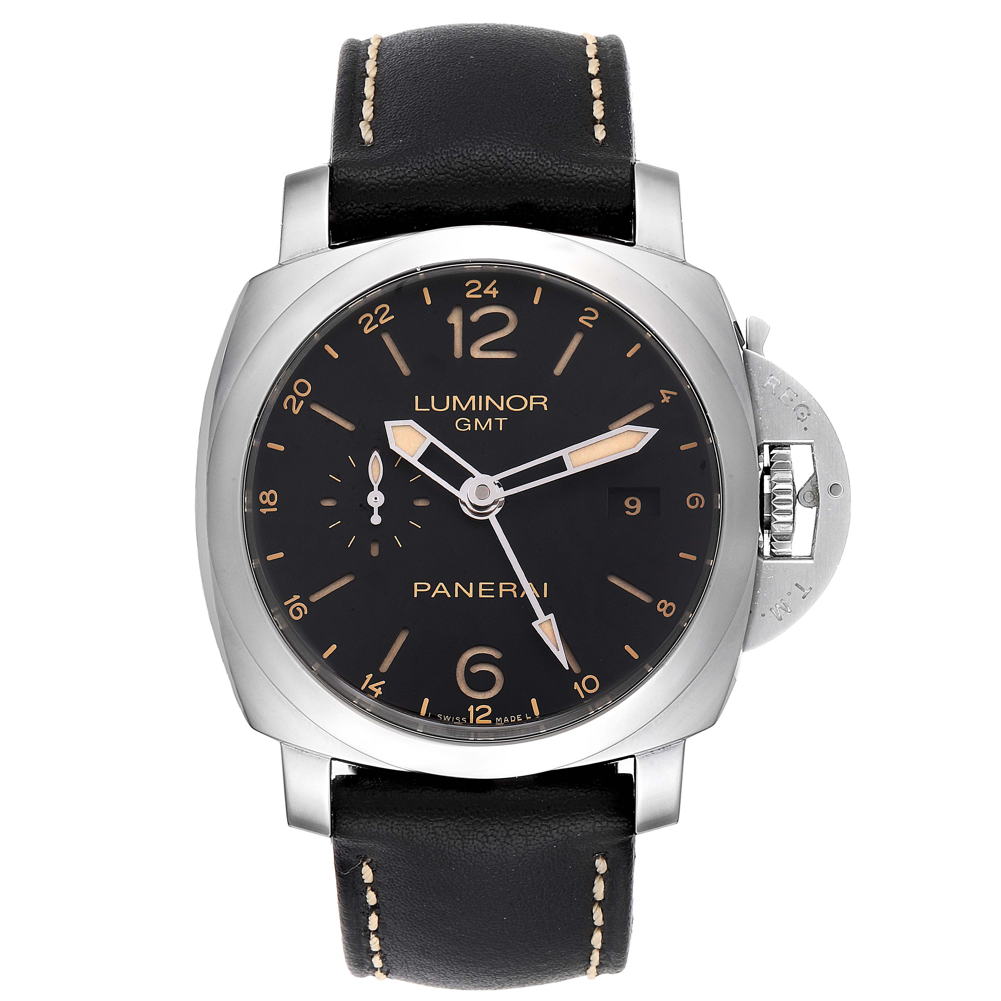 The image shows a frontal view of the Panerai Luminor PAM00531 Men's Stainless Steel Black Dial PAM00531 Men's Stainless Steel Black Dial watch, featuring its dial, hands, and crown guard.