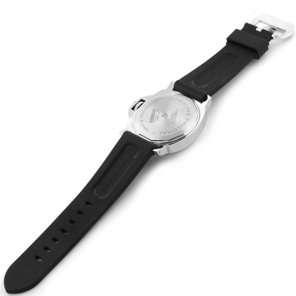 The image shows the back view of a Panerai Luminor PAM00000 Men's Stainless Steel Black Dial PAM00000 Men's Stainless Steel Black Dial watch, highlighting the case back and rubber strap.