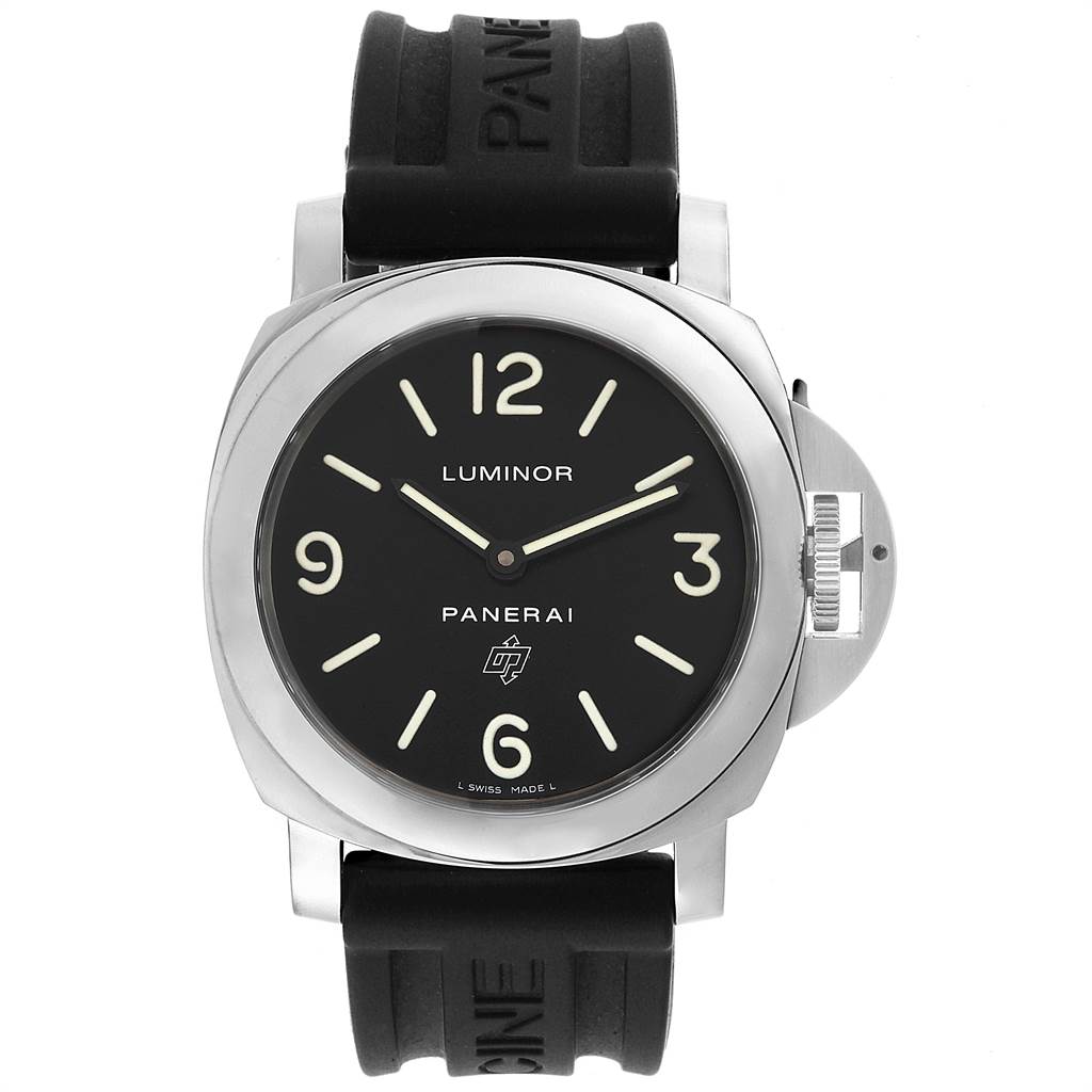 This image shows a front view of a Panerai Luminor PAM00000 Men's Stainless Steel Black Dial PAM00000 Men's Stainless Steel Black Dial watch, highlighting the dial, bezel, crown guard, and black strap.
