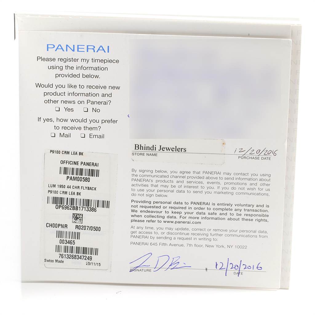 The image shows the registration and warranty card for a Panerai Luminor PAM00580 Men's Stainless Steel Black Dial PAM00580 Men's Stainless Steel Black Dial model watch.
