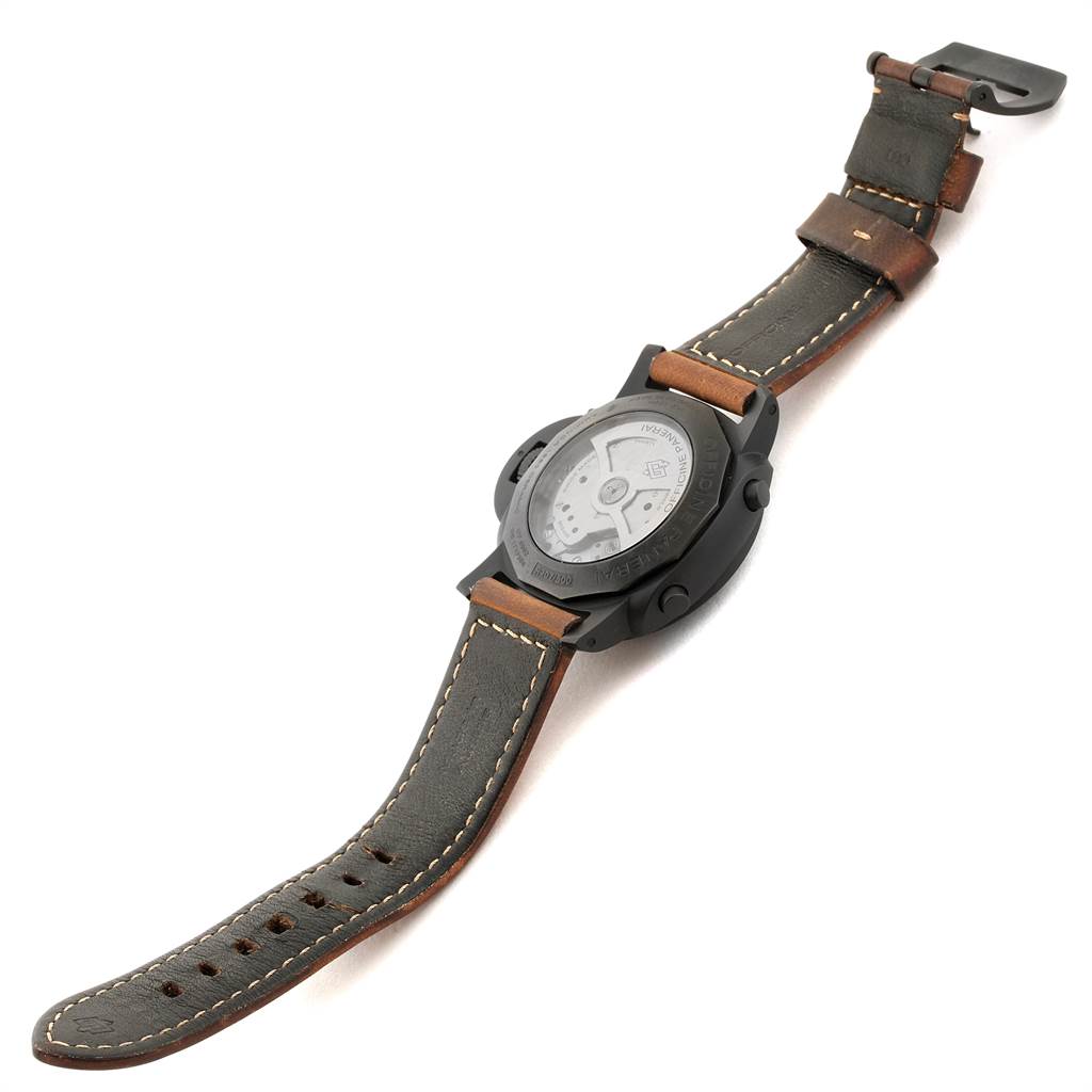 The image shows the back view of a Panerai Luminor PAM00580 Men's Stainless Steel Black Dial PAM00580 Men's Stainless Steel Black Dial watch, highlighting its case back and leather strap.