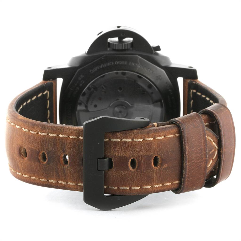 The image shows the back view of a Panerai Luminor PAM00580 Men's Stainless Steel Black Dial PAM00580 Men's Stainless Steel Black Dial watch, highlighting its case back, crown, and leather strap with stitching.