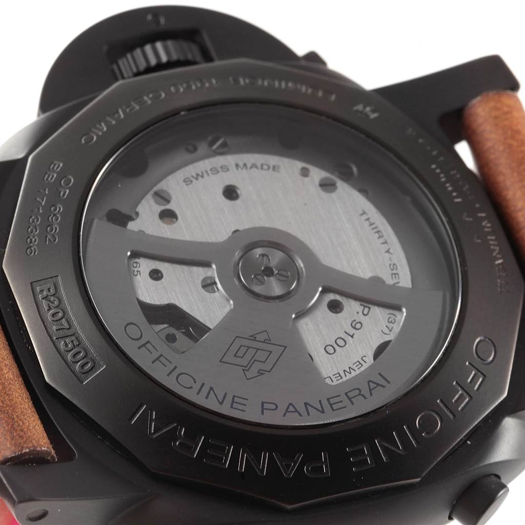 This image shows a close-up of the case back and movement of a Panerai Luminor PAM00580 Men's Stainless Steel Black Dial PAM00580 Men's Stainless Steel Black Dial watch.