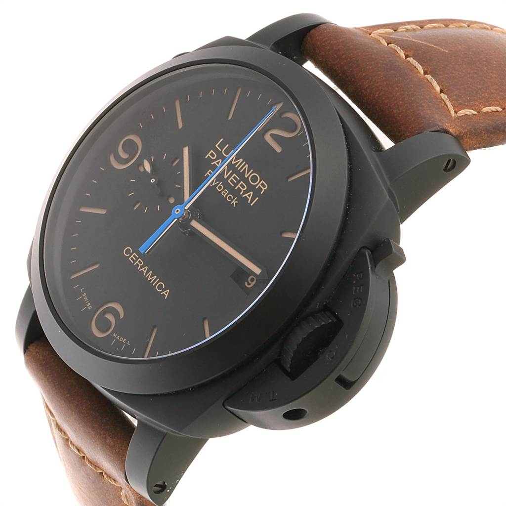 The image shows a side angle of a Panerai Luminor PAM00580 Men's Stainless Steel Black Dial PAM00580 Men's Stainless Steel Black Dial model, highlighting the face, crown, and brown leather strap.