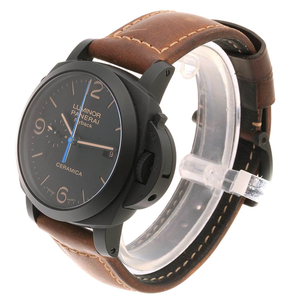 This image displays a Panerai Luminor PAM00580 Men's Stainless Steel Black Dial PAM00580 Men's Stainless Steel Black Dial watch from a diagonal angle, showcasing the dial, case, and brown leather strap.