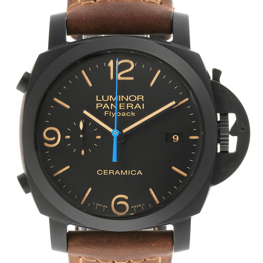 The image shows a front view of a Panerai Luminor PAM00580 Men's Stainless Steel Black Dial PAM00580 Men's Stainless Steel Black Dial model watch, highlighting its dial, hands, and leather strap.