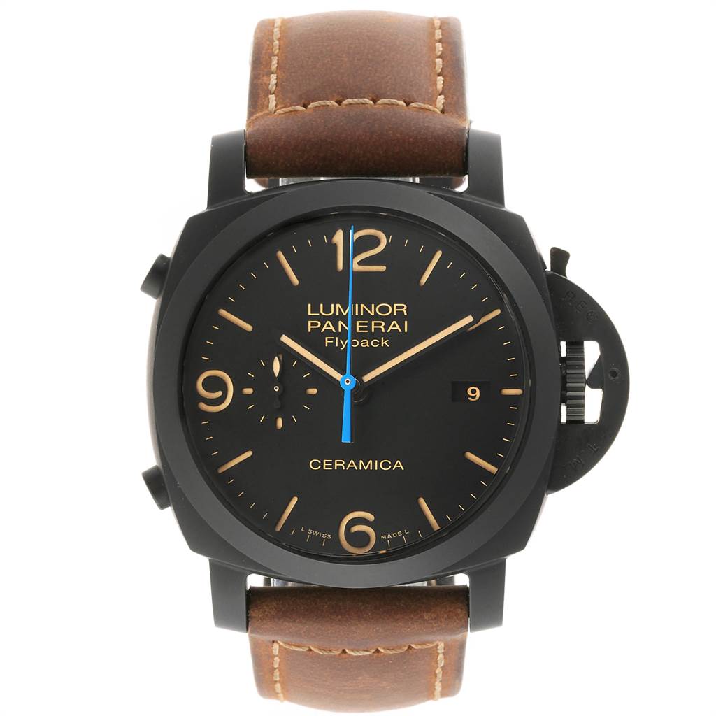 This Luminor model by Panerai is shown from a front angle, highlighting its brown leather strap, black dial, and ceramic casing.