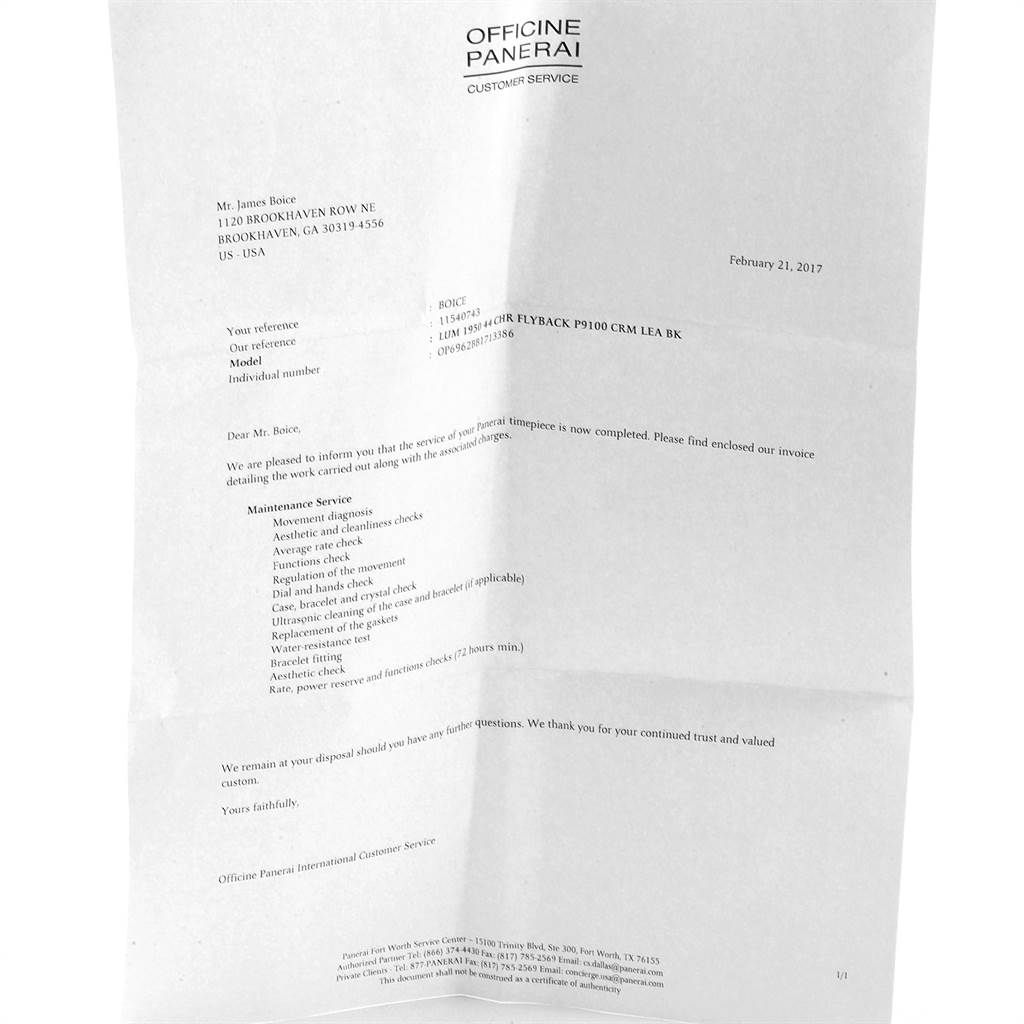 The image shows a letter from Officine Panerai Customer Service regarding the service of a Panerai Luminor PAM00580 Men's Stainless Steel Black Dial PAM00580 Men's Stainless Steel Black Dial watch.