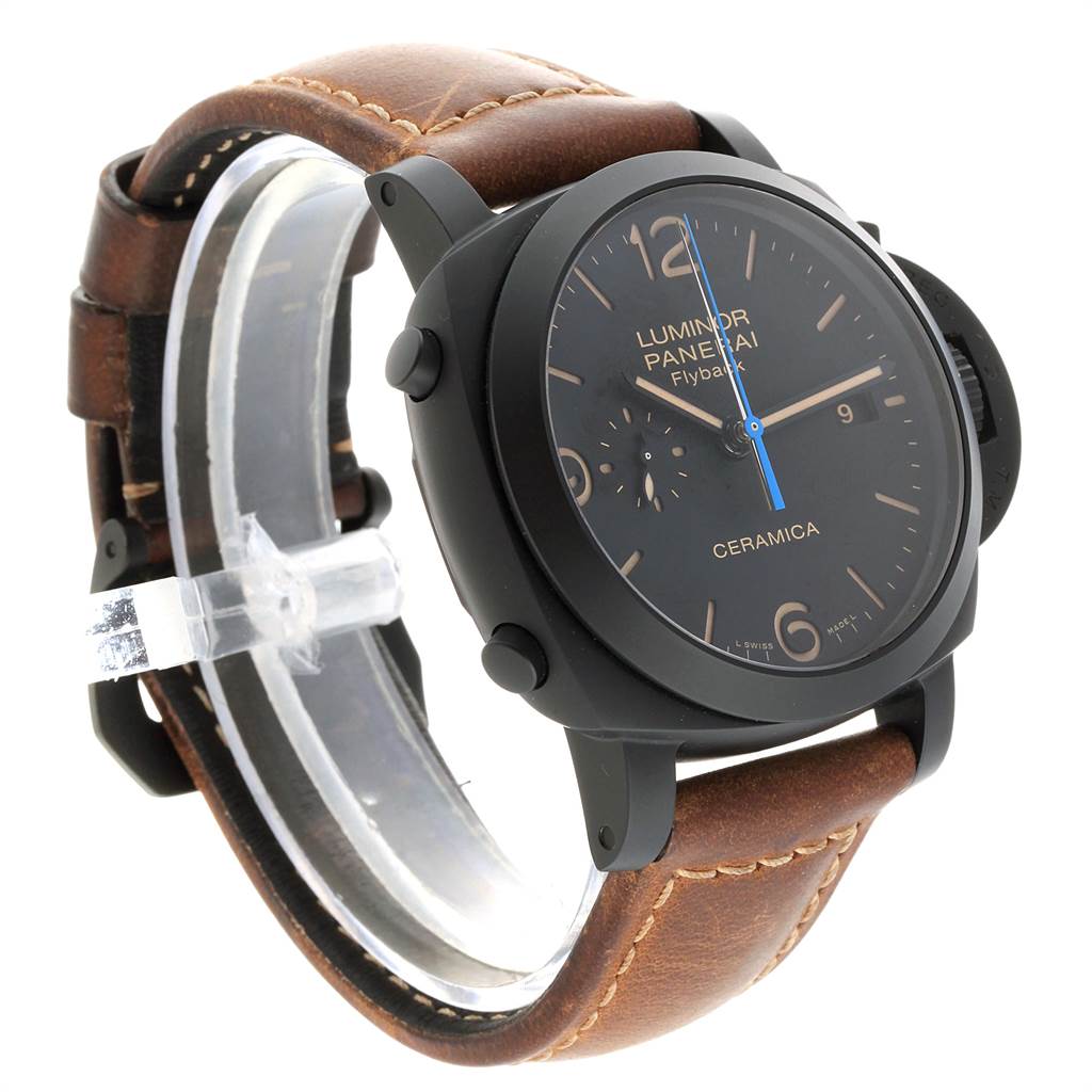 This image shows a side angle of the Panerai Luminor PAM00580 Men's Stainless Steel Black Dial PAM00580 Men's Stainless Steel Black Dial watch, highlighting its brown leather strap and black ceramic case.