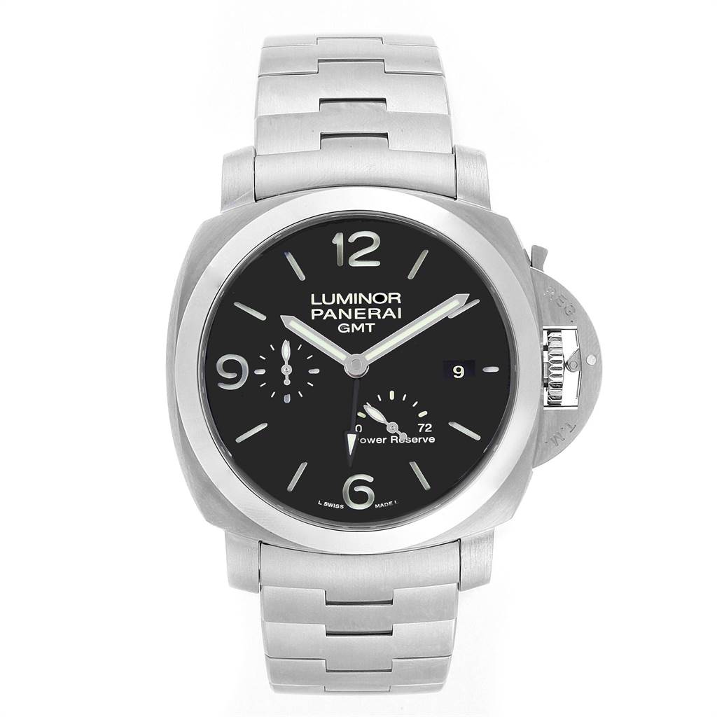 The image shows a head-on view of a Panerai Luminor PAM00347 Men's Stainless Steel Black Dial PAM00347 Men's Stainless Steel Black Dial GMT watch, displaying the dial, bezel, and stainless steel bracelet.