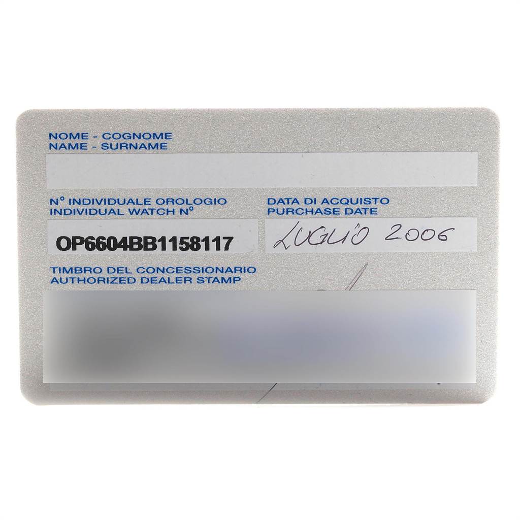 This image shows an authorized dealer card for a Panerai Radiomir PAM00184 Men's Stainless Steel Black Dial PAM00184 Men's Stainless Steel Black Dial watch, displaying the individual watch number and purchase date.