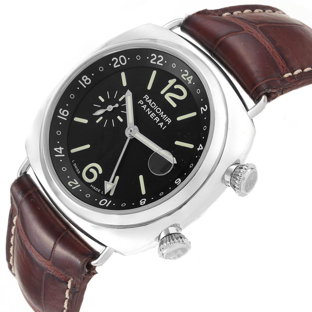 The Panerai Radiomir PAM00184 Men's Stainless Steel Black Dial PAM00184 Men's Stainless Steel Black Dial watch is shown at a slight angle, displaying its black dial, brown leather strap, and dual crowns.