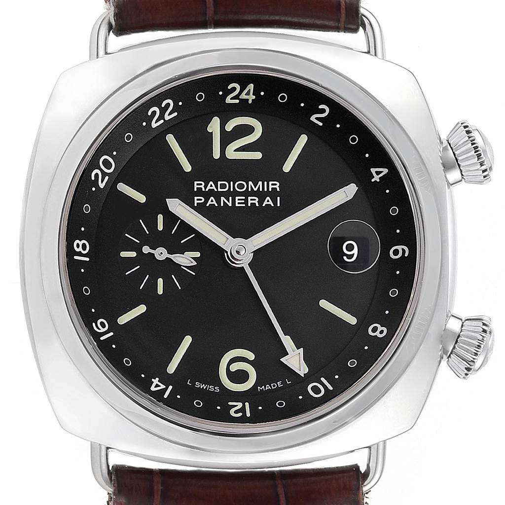 The image shows a front view of a Panerai Radiomir PAM00184 Men's Stainless Steel Black Dial PAM00184 Men's Stainless Steel Black Dial watch, highlighting the dial, hands, date window, and leather strap.