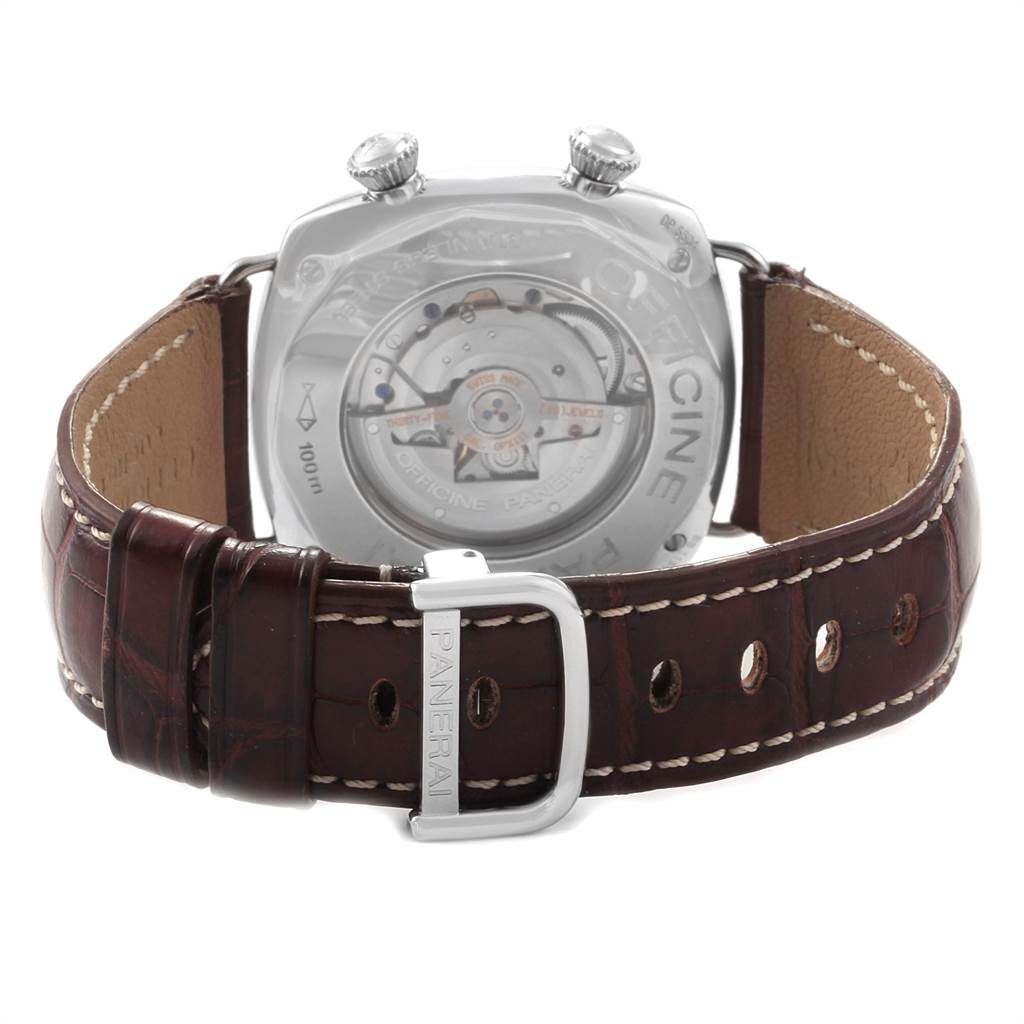 The image shows the back view of a Panerai Radiomir PAM00184 Men's Stainless Steel Black Dial PAM00184 Men's Stainless Steel Black Dial watch, highlighting its transparent case back and brown leather strap with a buckle.